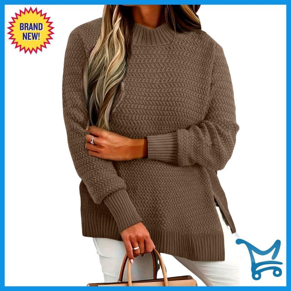 Oversized Knit Pullover Sweater Side Slit Loose Fit Tunic Crewneck Fall Fashion